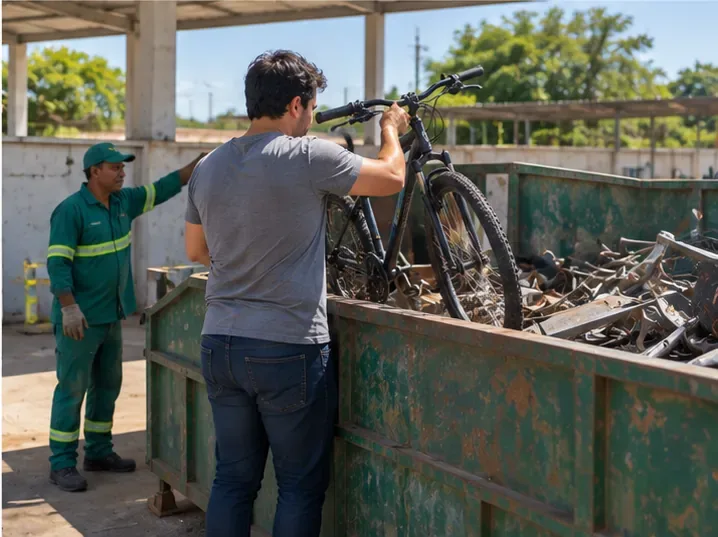 Homem colocando uma bicicleta em contêiner de sucata metálica enquanto um trabalhador orienta a entrega