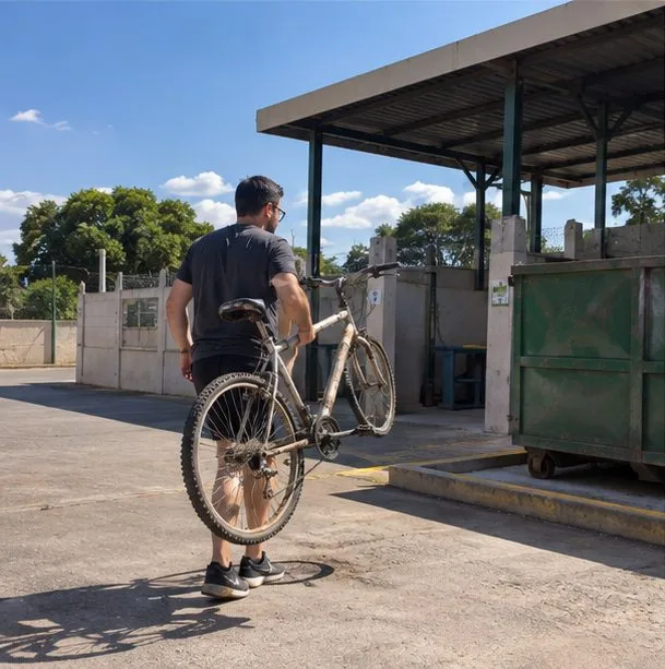 Pessoa carregando uma bicicleta velha ao entrar em uma área de recebimento de resíduos volumosos