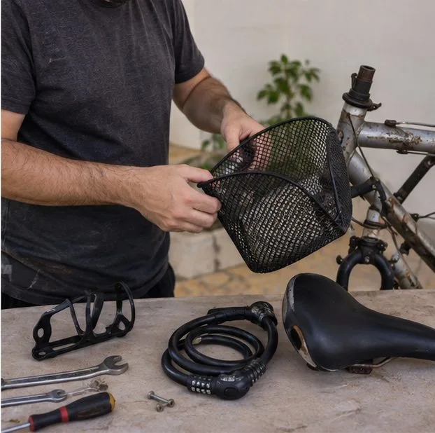 Peças e acessórios de uma bicicleta antiga sendo separados sobre uma bancada com ferramentas