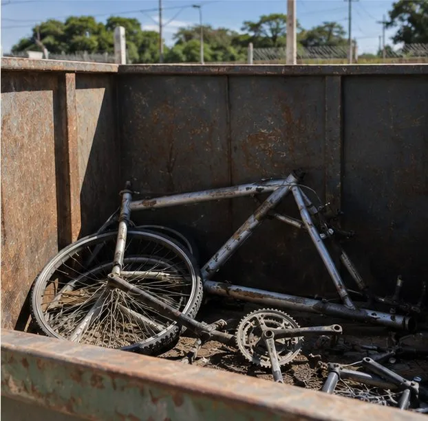 Quadro, rodas e peças metálicas de bicicleta dentro de uma caçamba de sucata em área de reciclagem