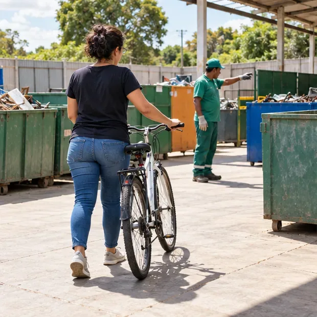 Uma moradora conduz uma bicicleta até a área de recebimento de um centro de entrega voluntária