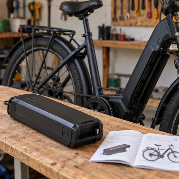 Uma bateria removível de bicicleta elétrica repousa intacta sobre uma bancada ao lado do manual do equipamento