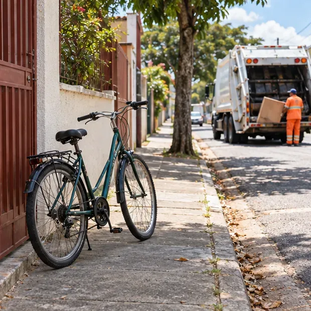 Uma bicicleta está apoiada junto ao muro de uma casa enquanto um caminhão de coleta passa ao fundo