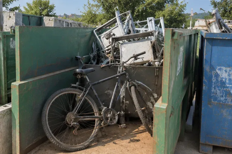 Bicicleta velha posicionada em uma área de sucata metálica dentro de um centro de recebimento de resíduos