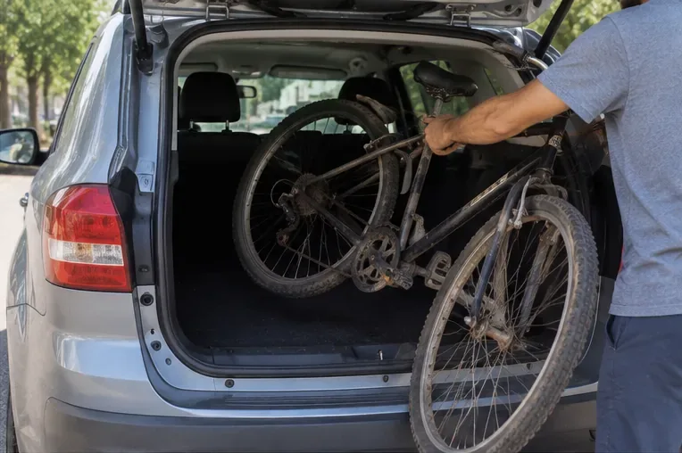 Pessoa colocando uma bicicleta velha no porta-malas de um carro para transportá-la até um ponto de entrega