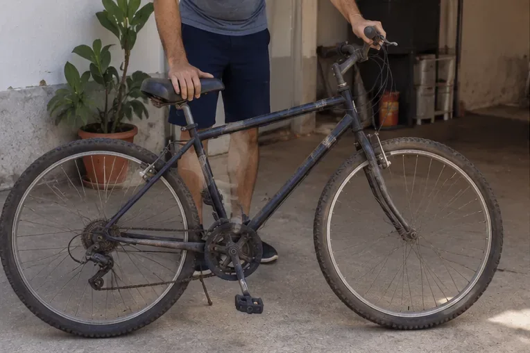 Pessoa avaliando uma bicicleta velha e enferrujada em uma garagem antes de decidir pelo descarte