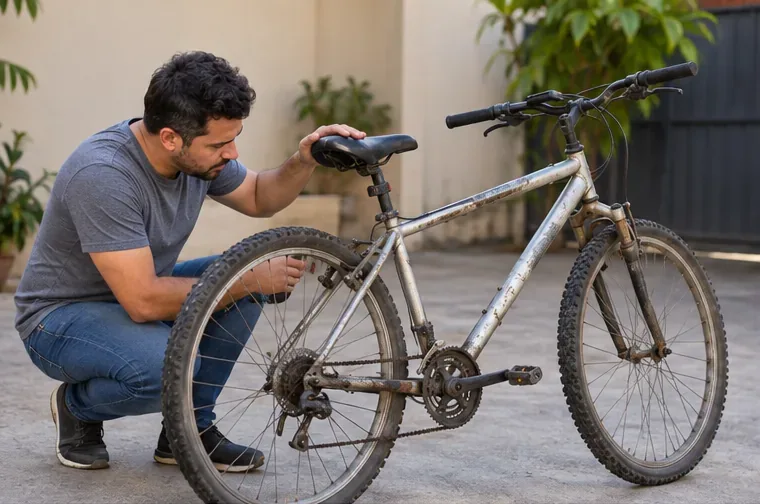 Pessoa inspecionando uma bicicleta usada e verificando rodas, corrente e quadro antes de decidir o destino
