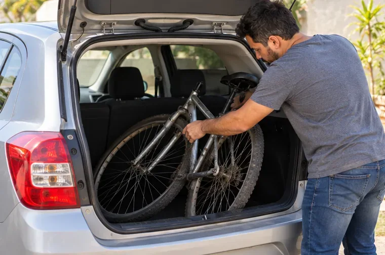 Pessoa colocando uma bicicleta usada no porta-malas de um carro para levá-la a um ponto de entrega