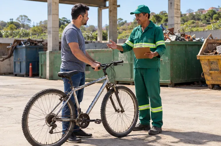 Morador entregando uma bicicleta usada a um funcionário em uma área de recebimento de materiais recicláveis