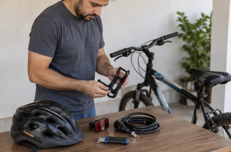 Pessoa separa pedal, cadeado, luz traseira e outros acessórios de uma bicicleta usada sobre uma bancada