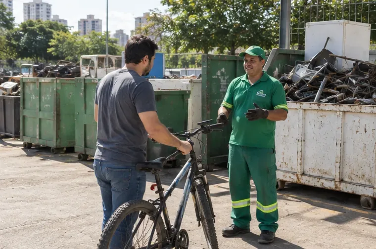 Pessoa entrega uma bicicleta usada a um funcionário em área de recebimento de materiais recicláveis e sucata