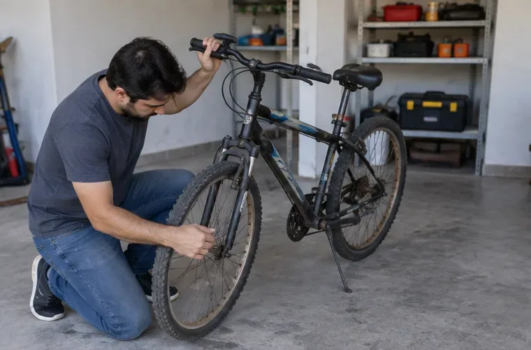 Pessoa inspeciona roda, quadro e componentes de uma bicicleta usada antes de decidir entre conserto, reutilização ou descarte