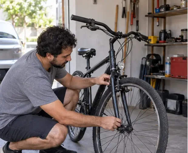 Homem verifica freio e roda de uma bicicleta em uma garagem doméstica