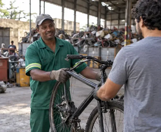 Trabalhador recebe uma bicicleta em uma área de triagem de materiais metálicos