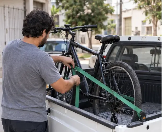 Homem prende uma bicicleta com cinta em uma caminhonete para transportá-la com segurança