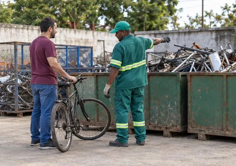 Morador conversa com trabalhador uniformizado diante de baias de reciclagem com sucata metálica e bicicletas usadas