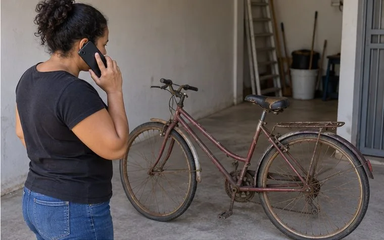 Mulher telefona para o serviço municipal ao lado de uma bicicleta usada que aguarda definição de destino