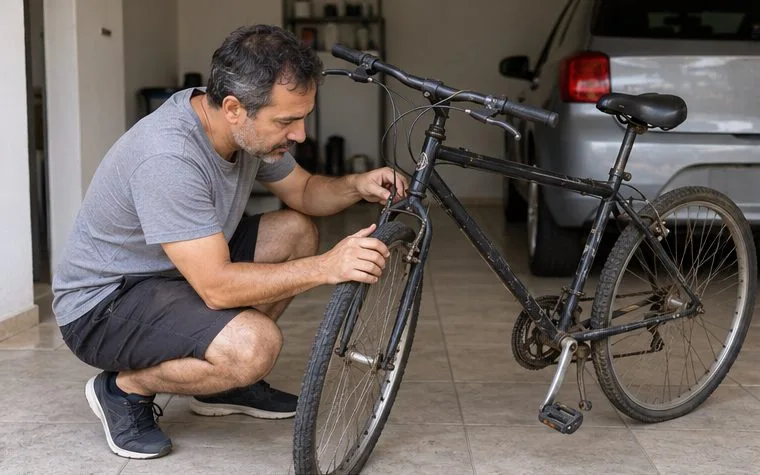 Homem verifica o freio e a roda de uma bicicleta usada antes de decidir se ela pode voltar a ser utilizada