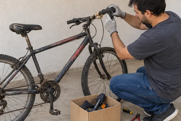 Pessoa retirando acessórios de uma bicicleta velha antes do transporte para destinação correta