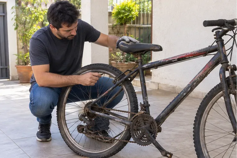 Pessoa examinando uma bicicleta usada e enferrujada antes de decidir entre conserto, doação ou descarte