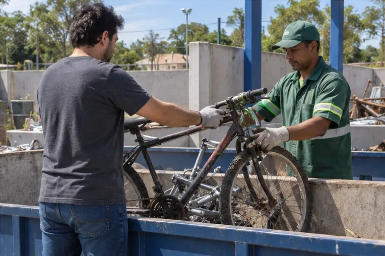Morador entregando uma bicicleta usada a trabalhador em área destinada a sucata metálica e recicláveis