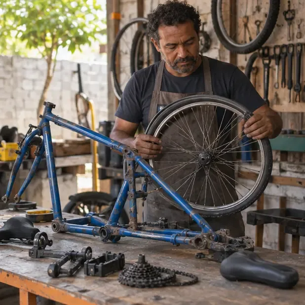 Mecânico trabalha em uma bicicleta desmontada, segurando uma roda enquanto peças ficam organizadas na bancada