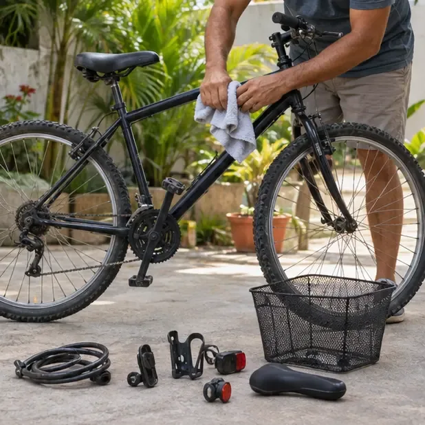 Pessoa limpa o quadro de uma bicicleta preta enquanto acessórios removidos estão separados no chão