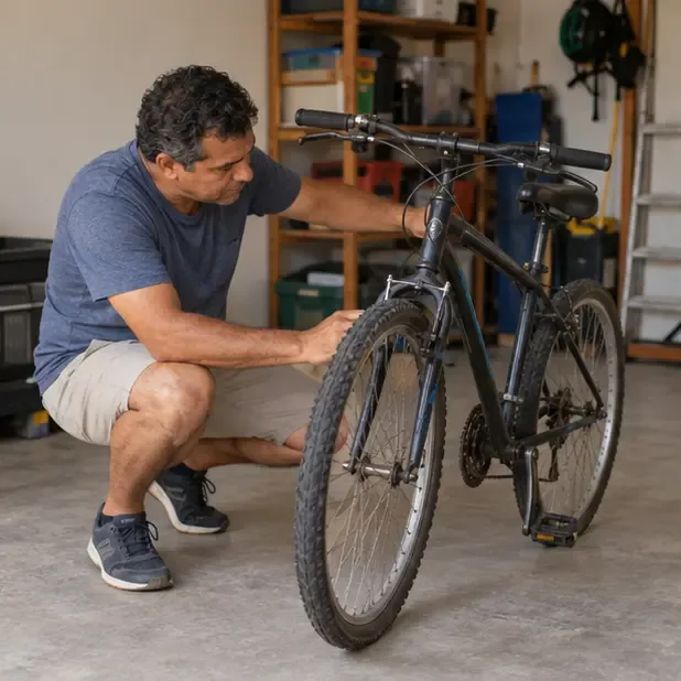 Pessoa agachada verifica a roda dianteira e o estado geral de uma bicicleta preta em uma garagem