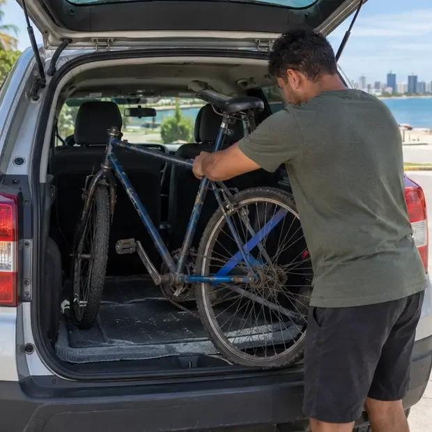Pessoa prendendo uma bicicleta antiga no porta-malas de um carro para levá-la a um ponto de entrega confirmado