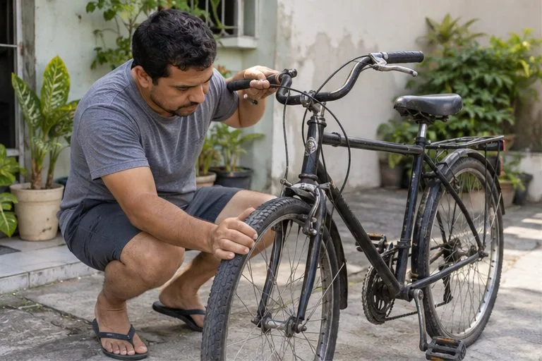 Um homem examina o freio e o pneu de uma bicicleta usada no quintal de casa.