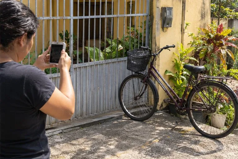 Uma mulher fotografa uma bicicleta posicionada junto ao portão de uma casa.