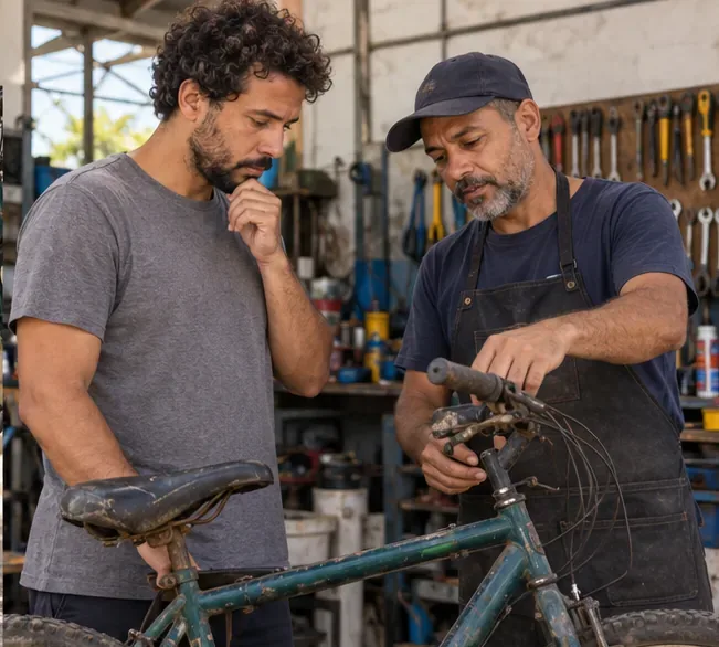 Proprietário conversa com mecânico diante de uma bicicleta usada em oficina