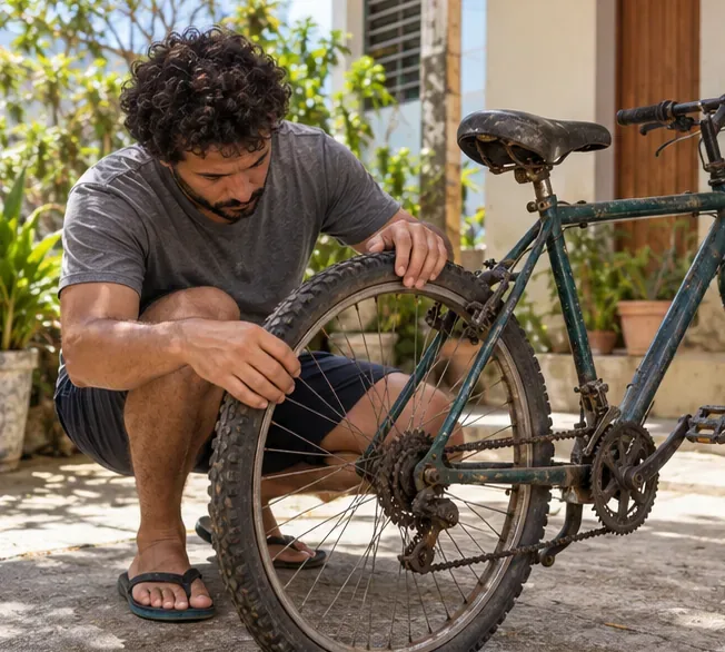 Pessoa agachada verifica o pneu e a transmissão de uma bicicleta usada em um quintal