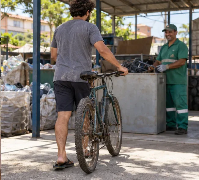 Pessoa conduz uma bicicleta até uma área de recebimento atendida por trabalhador