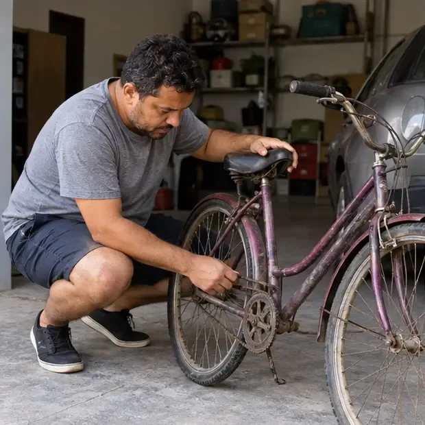 Homem examina uma bicicleta antiga em uma garagem residencial para decidir entre conserto, doação e descarte