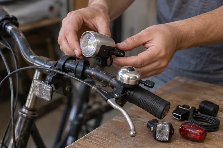 Mãos retiram uma luz removível do guidão de uma bicicleta, enquanto campainha e outros acessórios estão separados sobre uma bancada