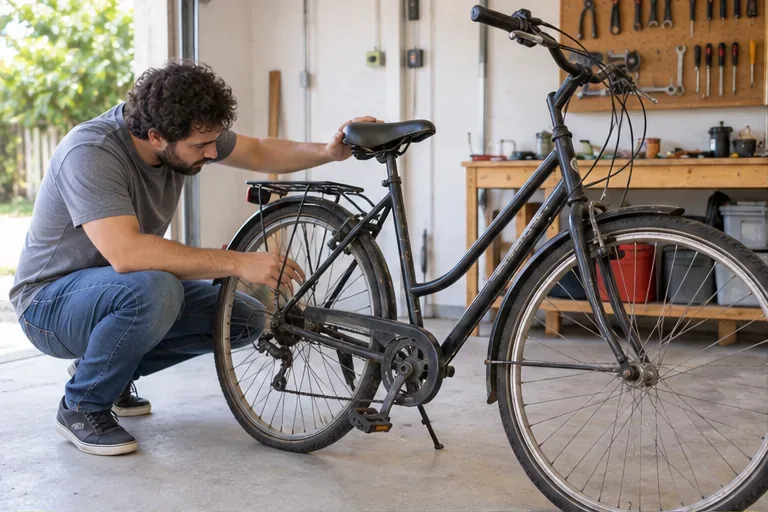 Pessoa inspeciona uma bicicleta antiga em uma garagem para decidir se ela ainda pode ser consertada