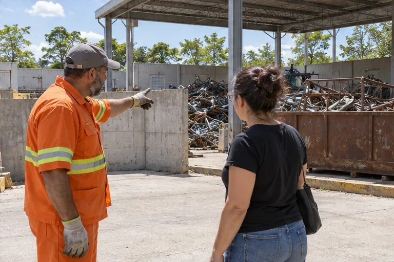 Uma moradora conversa com um funcionário em uma área municipal de recebimento de sucata metálica