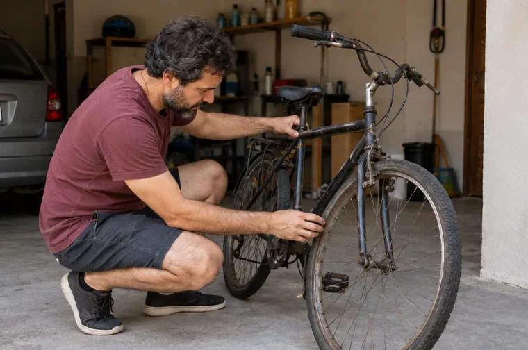 Um homem verifica os freios e as rodas de uma bicicleta usada dentro de uma garagem.