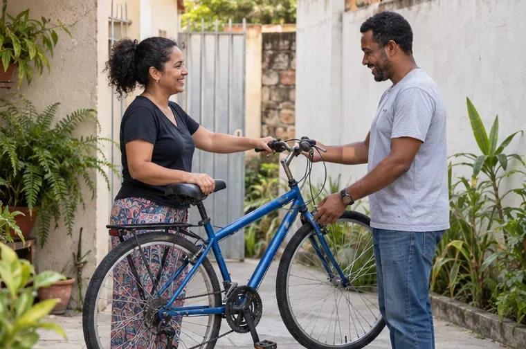 Uma mulher entrega uma bicicleta azul em boas condições a outro adulto na entrada de uma casa.