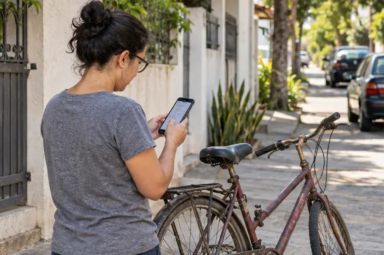 Uma mulher consulta o celular ao lado de uma bicicleta antiga antes de organizar o descarte.
