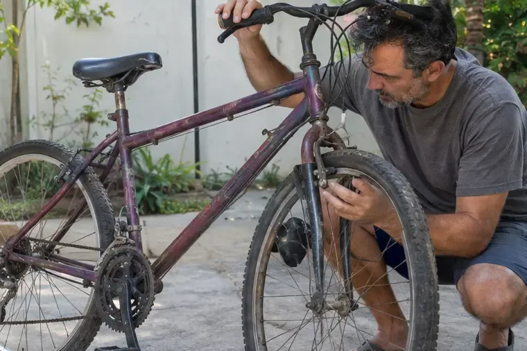 Pessoa verificando o quadro, a roda dianteira e os componentes de uma bicicleta antiga em uma área residencial