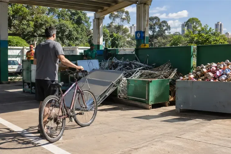 Bicicleta sendo conduzida em direção a contêineres organizados para materiais metálicos em uma área de recebimento