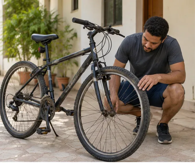 Homem examinando roda, quadro e componentes de uma bicicleta usada antes de decidir se ela pode ser reparada ou descartada em Salvador