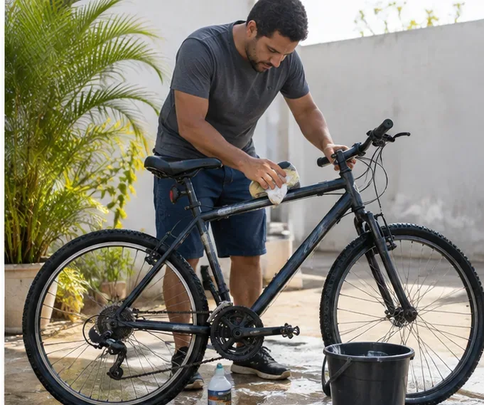 Pessoa limpando o quadro de uma bicicleta usada para verificar o estado da pintura, das soldas e dos componentes