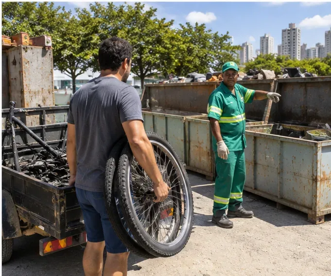 Pessoa levando rodas e partes de uma bicicleta a um pátio de recebimento de resíduos e consultando um trabalhador antes de descarregar
