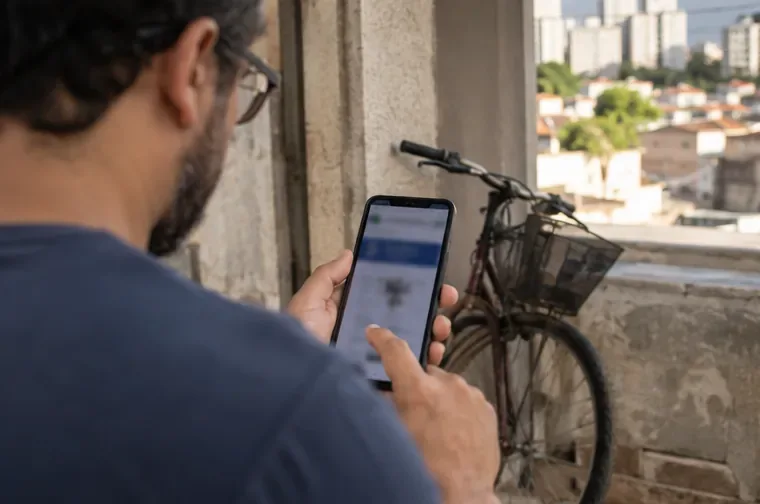 Morador consultando no celular uma página de informações enquanto uma bicicleta está próxima