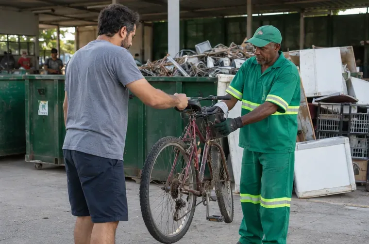 Funcionário de uma estação de resíduos recebendo uma bicicleta antiga de um morador