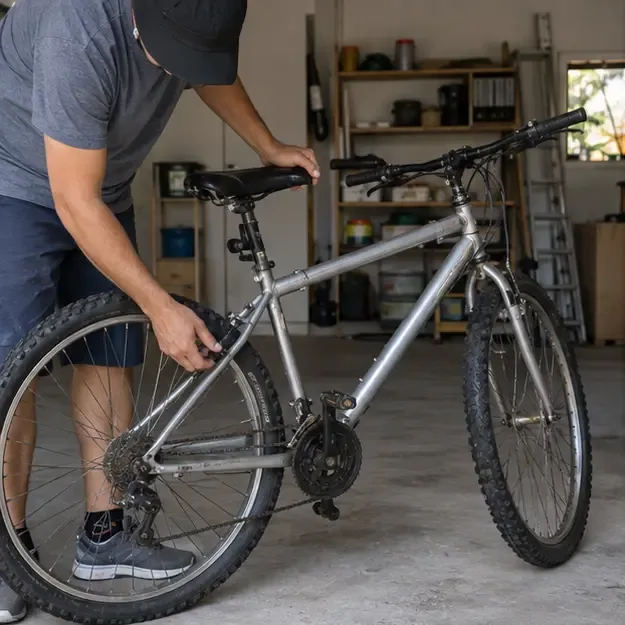Pessoa inspecionando uma bicicleta adulta em uma garagem para decidir se ela pode ser consertada, doada ou descartada