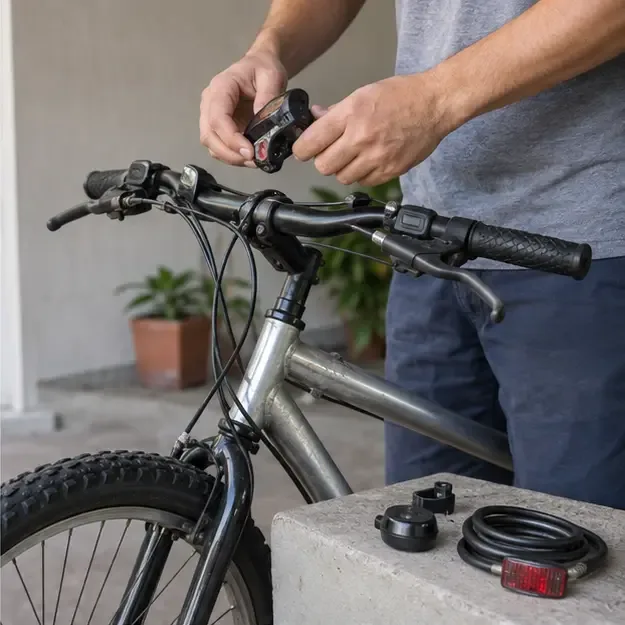 Pessoa retirando acessórios soltos de uma bicicleta antes do encaminhamento para descarte
